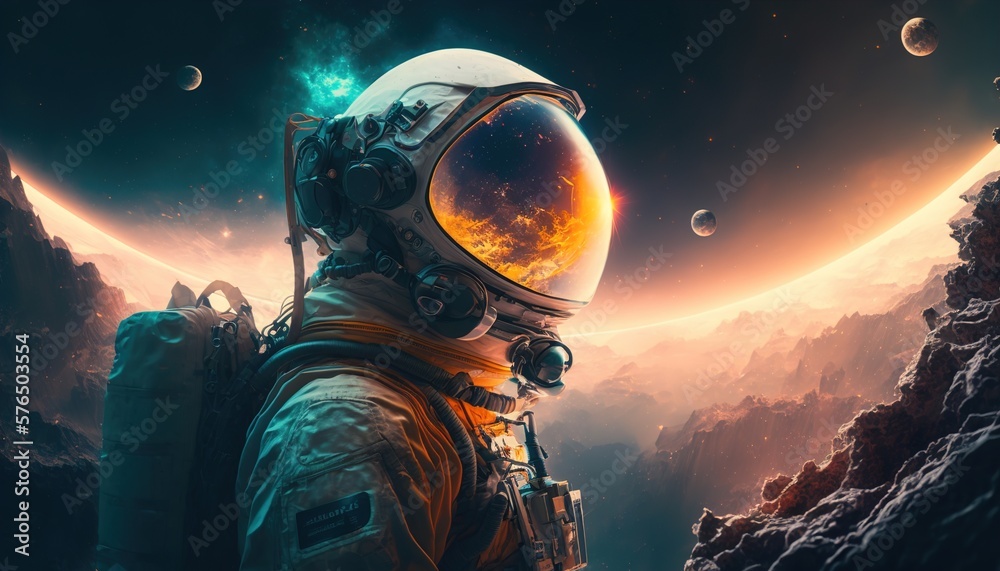 Wall mural astronaut illustration in space with cosmic light effects created with generative ai technology