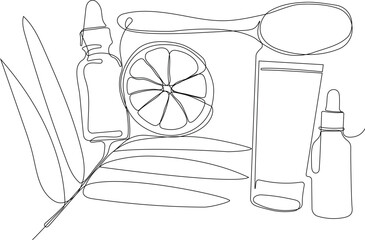 Skin care concept. Landing page template. Morning routine. Bath time. Organic products for scrubbing and body skin care with natural herbal skin care products, top view. Vector illustration