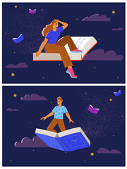 Education and self development. Man and woman fly on books in outer space. Literature lovers read interesting fairy tales and open up new horizons. Cartoon flat vector set isolated on white background