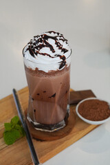 Chocolate Frappe blended with ice and milk with topping whipped cream on top