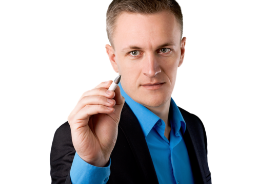 Young handsome businessman writing with a pen