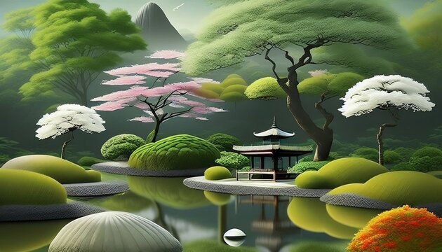 Paisaje japon&eacute;s con hermoso &aacute;rbol sakura con un peque&ntilde;o templo budista. Generative AI