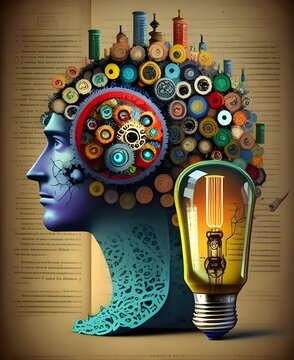 Cabeza surrealista colorida con engranes y objetos abstractos sobre un fondo de libro. Inteligencia, aprendizaje, educaci&oacute;n. Generative AI.