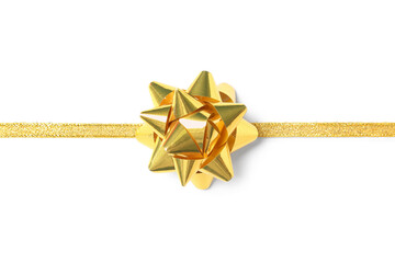 Ribbon with golden bow on white background
