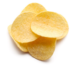 Delicious potato chips isolated on white background