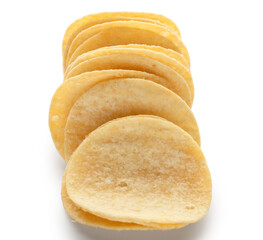 Stack of delicious potato chips isolated on white background