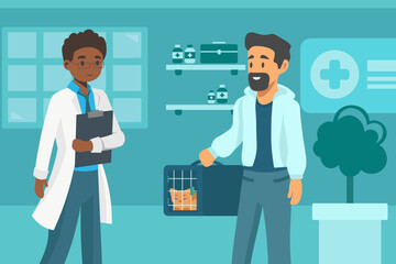 Vet clinic with doctor and patient holding a pet carrier with a cat