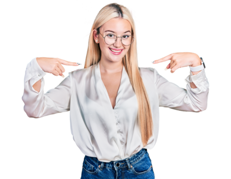 Beautiful blonde woman wearing elegant shirt and glasses looking confident with smile on face, pointing oneself with fingers proud and happy.