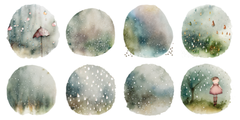 A set of four watercolor abstract circles in soft blue and gray tones, resembling a winter theme.