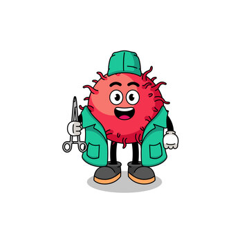 Illustration of rambutan fruit mascot as a surgeon