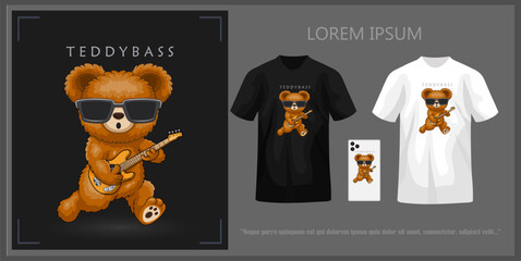 T-shirt design featuring a teddy bear playing bass, complete with mockup.