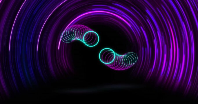 Animation of neon circles and spiral on black background