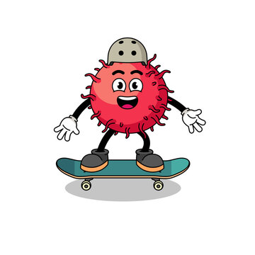 rambutan fruit mascot playing a skateboard