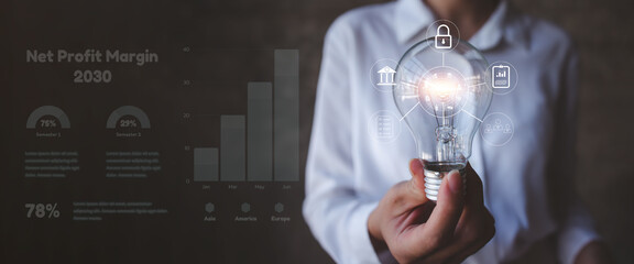 Business Hand holding light bulb and business lawyer icon. Creative and inspiration. Media and new...