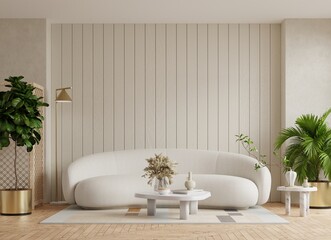 Scandinavian living room interior with a sofa on empty cream wooden wall background.