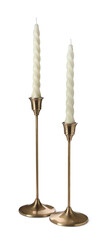 Vintage metal candlesticks with candles on white background