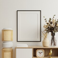 Poster mockup with vertical black frame in home interior background.