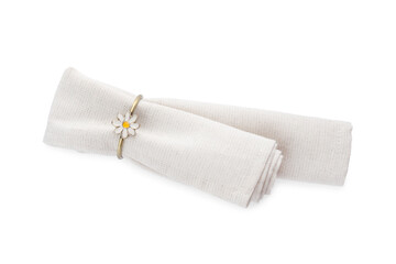 Napkin with decorative ring for table setting isolated on white, top view