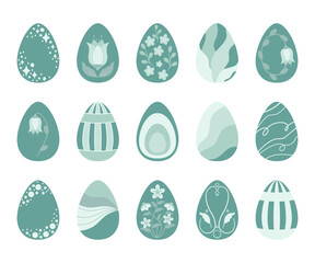 Świąteczne jajka, ozdobne pisanki. Zestaw jajek wielkanocnych w jasnych odcieniach. Ilustracje wektorowe na Wielkanoc.