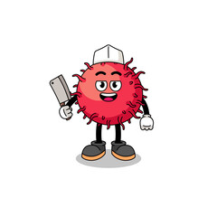 Mascot of rambutan fruit as a butcher