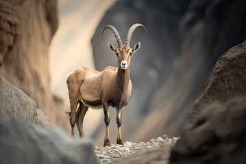 blurry photo of an ibex on a cliffside Generative AI - obrazy, fototapety, plakaty