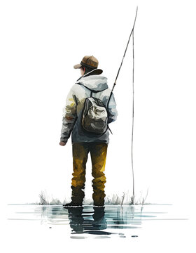Colorful watercolor illustration of young boy with fishing pole at water created with Generative AI technology