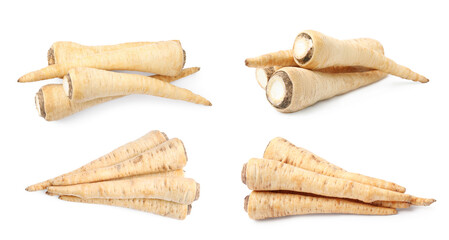 Collage with many fresh parsley roots on white background, different sides