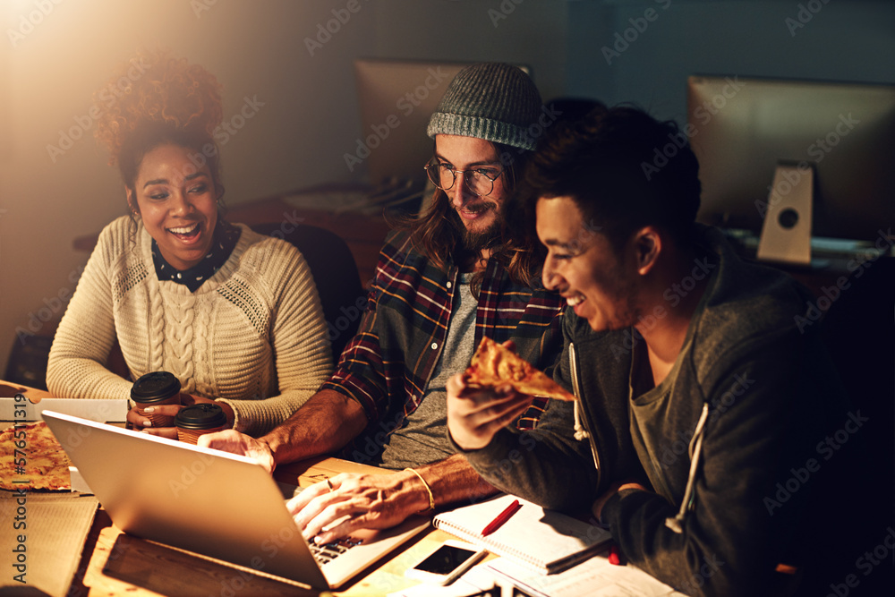 Aufkleber Laptop, happy collaboration and night team programming ERP software, cyber security system or html code. Eating pizza fast food, ai developer or programmer teamwork on coding cloud computing database
