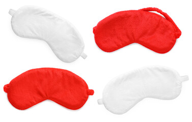 Soft sleep masks on white background, top view