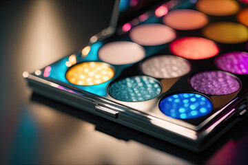 a beautiful and modern makeup palette with bright and colorful colors, on top of a modern counter with LEDs.