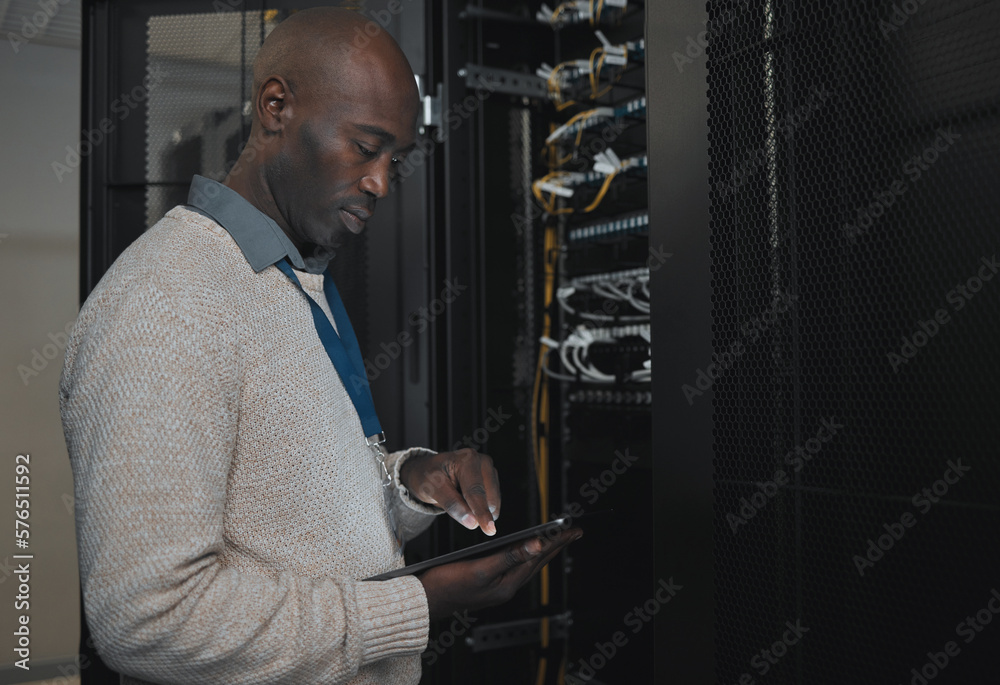 Sticker Engineer, server room or black man with tablet for database connection cable, maintenance or software update at night. Cybersecurity, IT and male coder with technology for networking in data center.