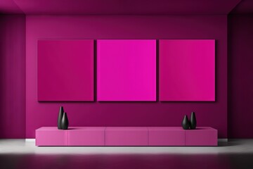Beautiful minimalist interior with empty frames, wall mockup, Viva Magenta, Genertive AI
