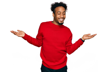 Young african american man with beard wearing casual winter sweater smiling showing both hands open palms, presenting and advertising comparison and balance
