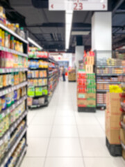 Inside a supermarket with shopper. Blur or defocused for background illustration.