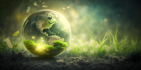 Obraz na płótnie Canvas Celebrating Earth Day: Globe in Green Bokeh Background with Copy Space