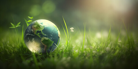 Obraz na płótnie Canvas Save Our Planet: Earth Globe in Green Bokeh Background with Copy Space