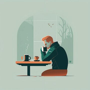 Man drinking coffee tea at table cafe, window, life style, vector