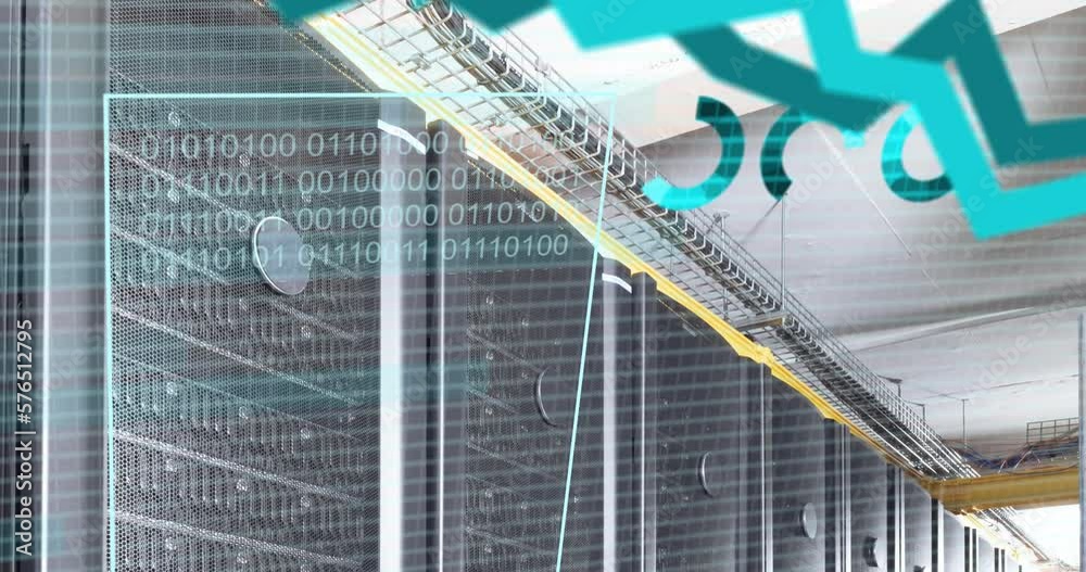Poster animation of financial data processing over computer server background