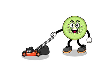 sliced kiwifruit illustration cartoon holding lawn mower
