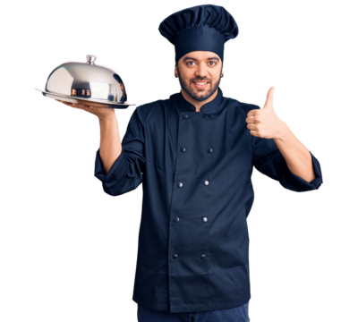 Young hispanic man wearing cooker uniform holding tray smiling happy and positive, thumb up doing excellent and approval sign