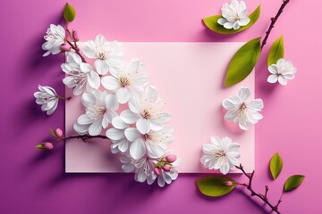 Spring flat lay, flowers, roses, empty frame, viva magenta, Generative AI