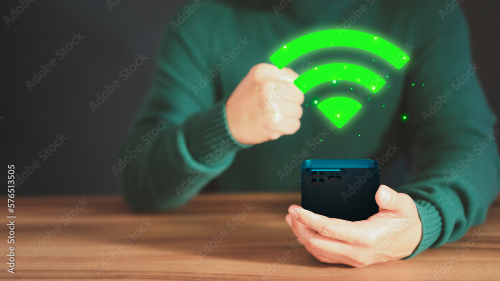 Poster Adult man searching for wifi on his a mobile phone. Concept of technology connectivity and connection problems to wifi by smartphone.