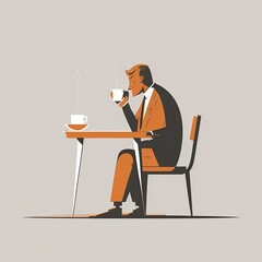 Man drinking coffee at table cafe, vector, life style, tea