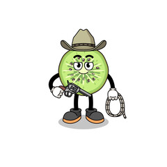 Character mascot of sliced kiwifruit as a cowboy