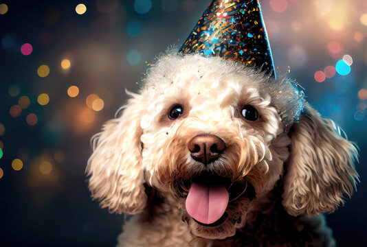 Closeup of portrait happy Poodle do wearing party hat for celebration with bokeh background. Animal and pet concept. Generative AI