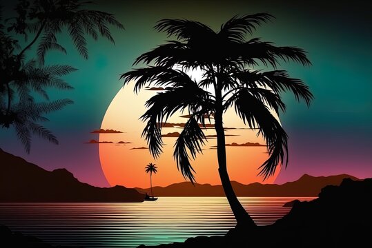 Palm tree silhouette beside the ocean. Generative AI