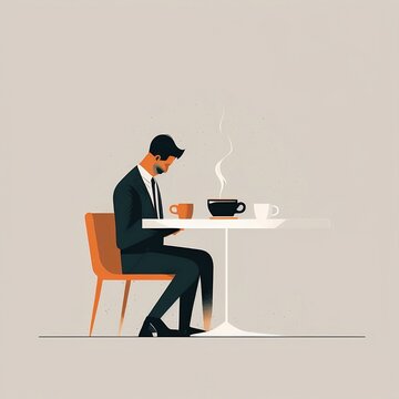 Man drinking coffee at table cafe, vector, life style, office, tea