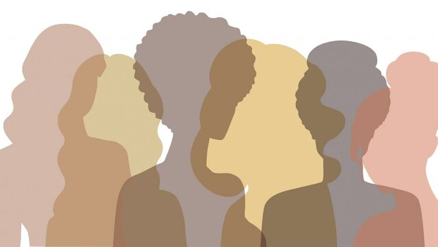A variety of female silhouettes standing sideways. Strong and brave girls of different nationalities support each other. Concept of equality, international women's day, activism, feminism