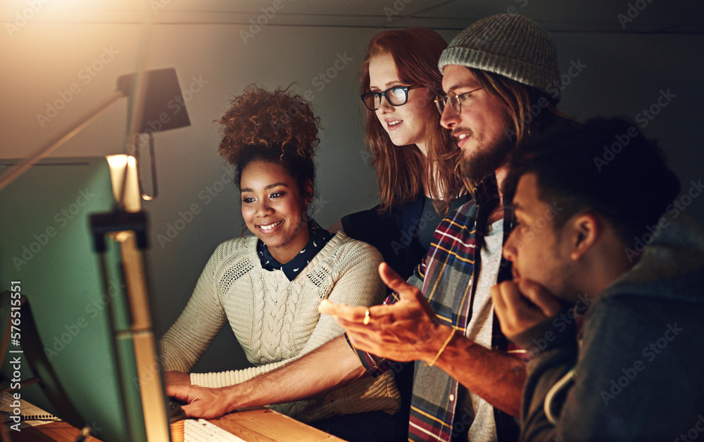 Poster Computer, office collaboration or night team programming ERP software, cybersecurity system or programmer code. App data science, ai developer or diversity teamwork on coding cloud computing database