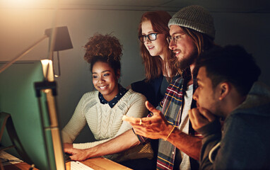 Computer, office collaboration or night team programming ERP software, cybersecurity system or...